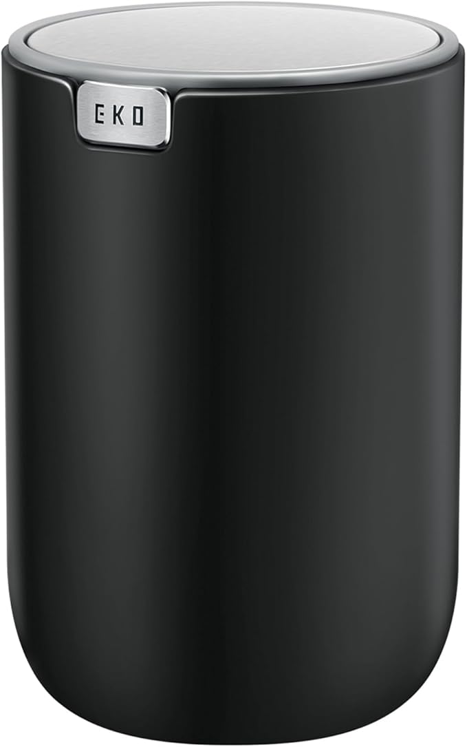 EKO Fandy 0.4 Gal/1.5L Mini Tabletop Trash Bin with Swing-Lid, Desktop Trash Can for Bathroom Countertop, Vanity, Coffee or Office, Small Garbage Bin (Black)