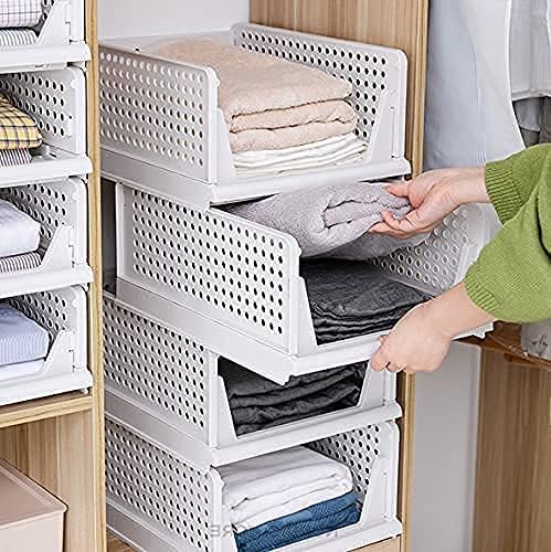 yazi Stackable Storage Bins,8 Pack Foldable Plastic Wardrobe Clothes Organizer Drawer Shelf Storage Basket Container Plastic 