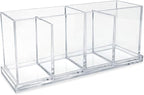 Isaac Jacobs 2-Pack 4-Compartment Clear Acrylic Organizers with Lid (9” L x 3” W x 4” H), Makeup Brush Holder, Sectional Tray