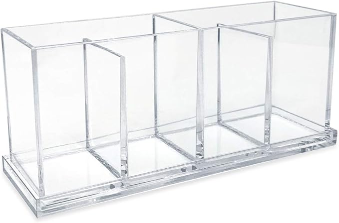 Isaac Jacobs 2-Pack 4-Compartment Clear Acrylic Organizers with Lid (9” L x 3” W x 4” H), Makeup Brush Holder, Sectional Tray