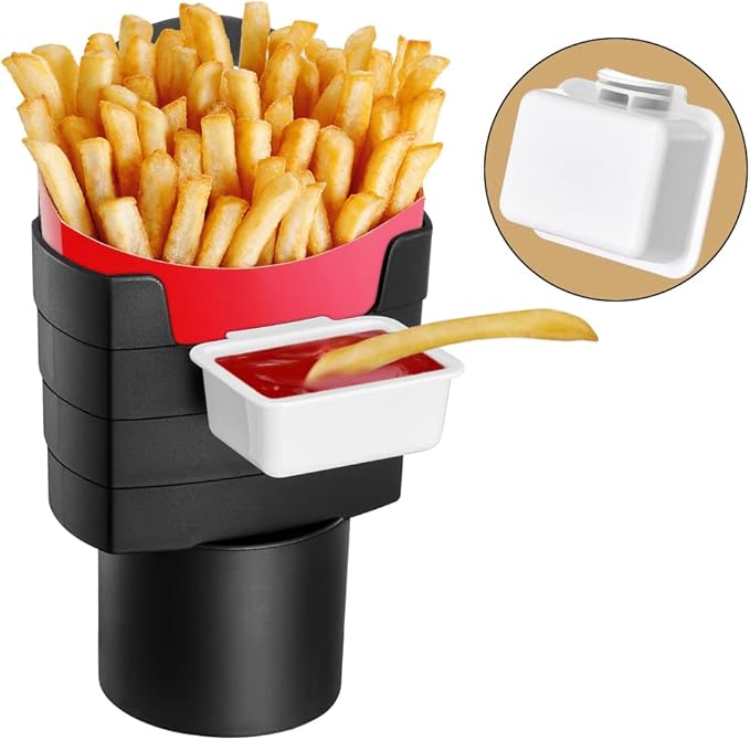2 Pack French Fry Holder for Car Multi-Purpose Fast Food Drink Cup Holder Expander Car Storage Box Holder with Dipping Sauce 