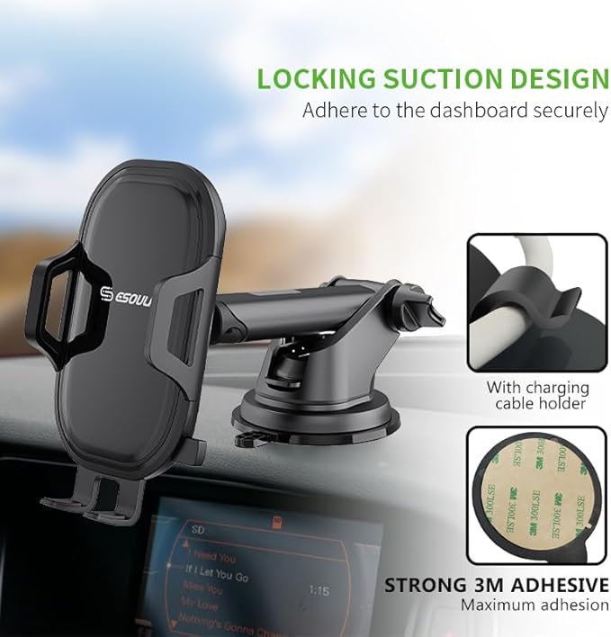 Esoulk One Touch Car Phone Mount - Dashboard & Windshield Cell Phone Holder, Strong Suction Cup Auto Stand with Adjustable Telescopic Arm, 360° Rotation for iPhone, Samsung & All Smartphones