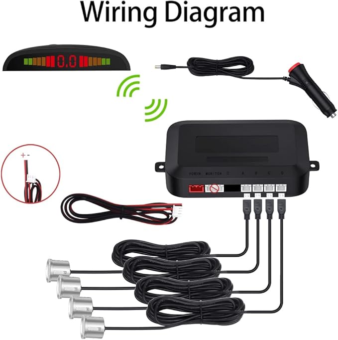 EKYLIN Wireless Car Parking Sensor, Reverse Radar System with 4 Parking Sensors, Wireless LED Distance Display with Sound Warning + 4 Silver Color Car Reverse Parking Sensors for Cars Vans RV Trailer