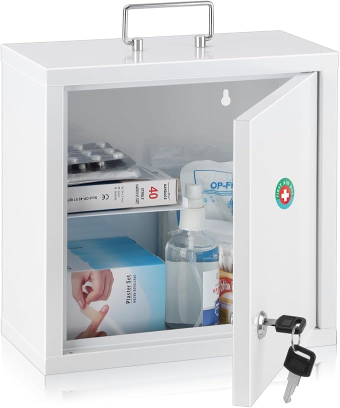 KYODOLED Locking Medicine Cabinet, Medication Lock Box with Key, Wall Mount Medical Cabinet for Safe Medication Storage, 10 *