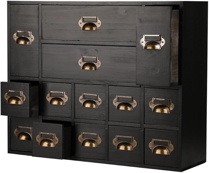 Apothecary Drawers Card Catalog Cabinet with 14 Drawers Wooden Card Catalog Wooden Storage Box for Desktop Organizer (Black)