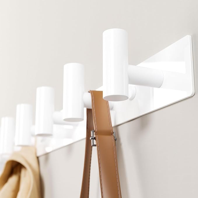 GWAAZXGZ White Wall Mounted Coat Rack – 5 T-Shaped Pegs for Hats, Bags & Towels, Heavy-Duty Metal Rail for Entryway, Bathroom