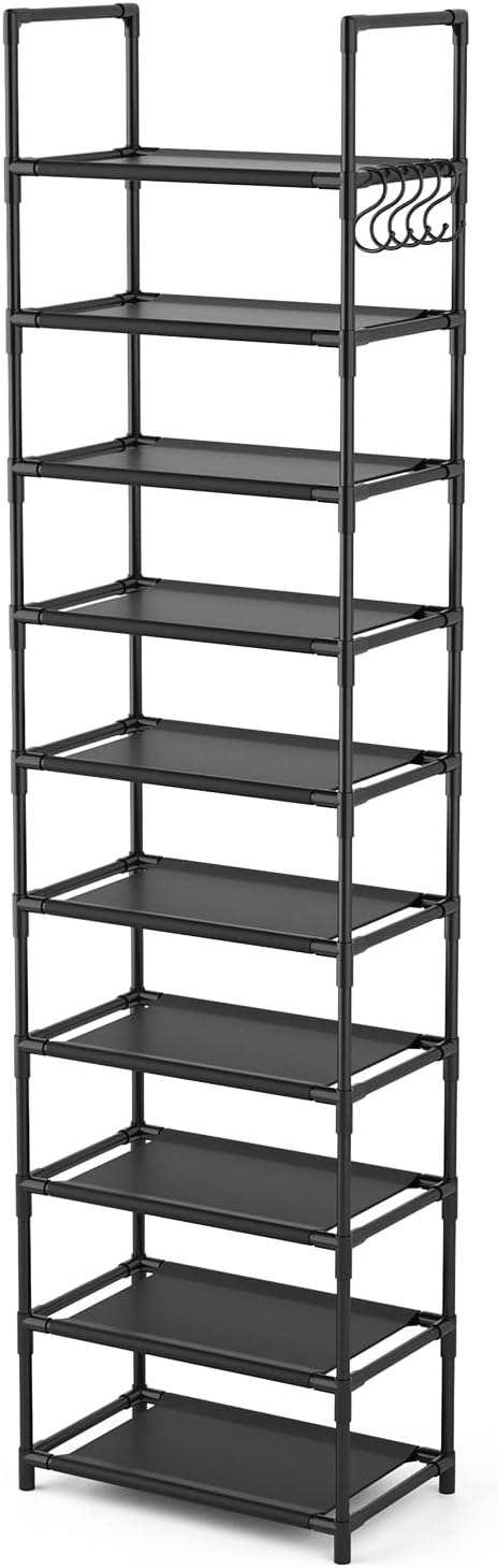 LANTEFUL 10 Tiers Tall Shoe Rack 20-25 Pairs Boots Organizer Storage Sturdy Narrow Shoe Shelf for Entryway, Closets with Hook