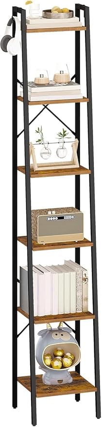 Hzuaneri Ladder Shelf, Bookshelf Bookcase, Freestanding Corner Storage Shelve with 2 Hooks for Home Office, Living Room, Kitc