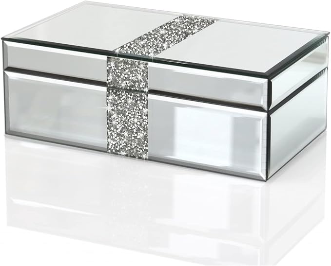 QMDECOR Luxury Middle Silver Bling Crushed Diamond Glass Mirrored Jewelry Box Women Jewelry Organizer Storage Box For Gift
