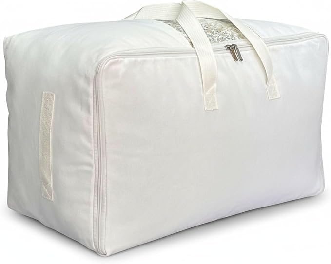 Soft Large Canvas Comforter Storage Bags with Four Carrying Handles and Clear Window, Closet Organizer for Clothing, Blankets
