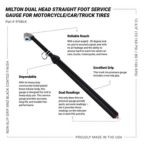 Milton 976BKL Dual Head Angled Chuck Tire Pressure Service Gauge, Non-Slip Grip Matte Black Poly Finish -13” 1-160 PSI For Large Vehicle Tires