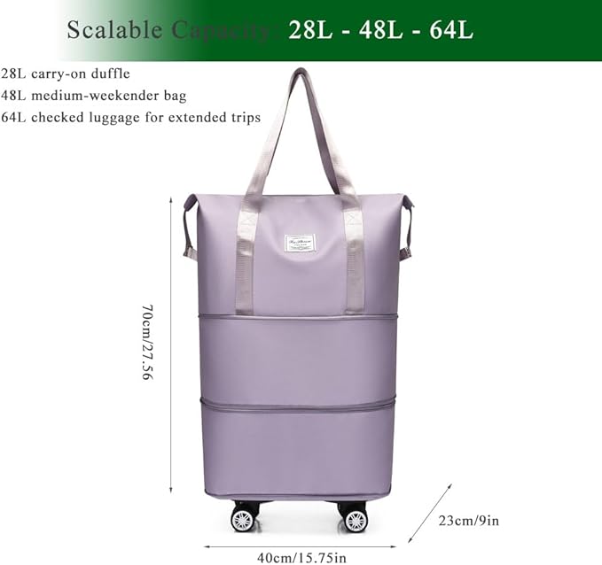 Expandable Foldable Duffel Bag with Detachable Wheels, 64L Large Capacity Rolling Travel Duffle Bag, Lightweight Carry on Luggage with Spinner Wheels, Weekend Gym Tote Bag (Light Purple)