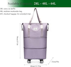 Expandable Foldable Duffel Bag with Detachable Wheels, 64L Large Capacity Rolling Travel Duffle Bag, Lightweight Carry on Luggage with Spinner Wheels, Weekend Gym Tote Bag (Light Purple)