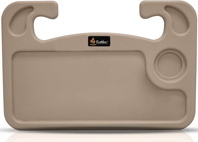 EcoNour 2 in 1 Car Steering Wheel Desk (Beige) | Steering Wheel Tray for Laptop, Eating, Drinks | Rectangular ABS Car Tray with Pen Holder & Cup Holder
