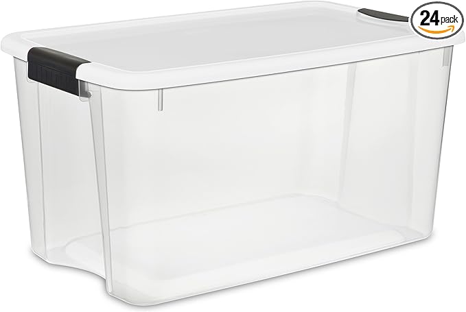 Sterilite 24-Pack Ultra Latching Box, Storage Bins with Lids, Clear Plastic, 70 Quart - Heavy-Duty Organizing Containers for 