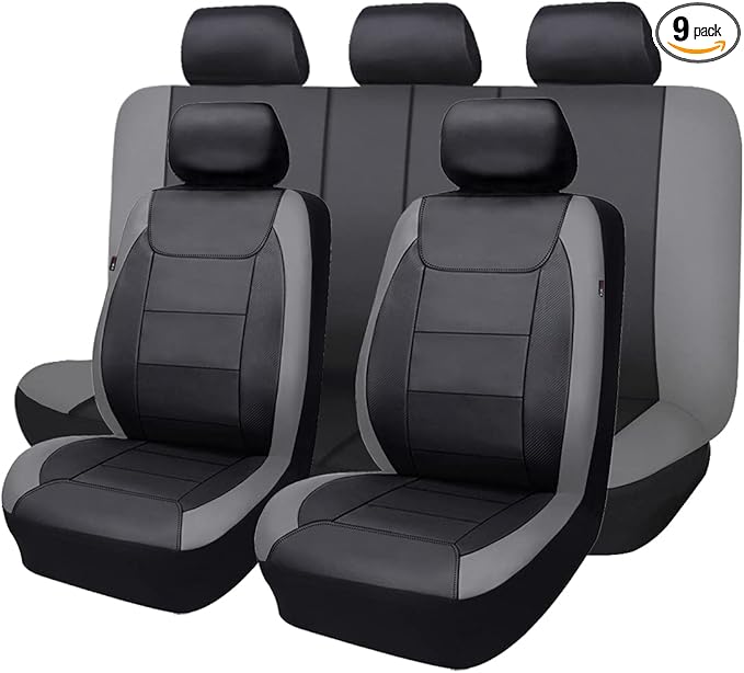 Flying Banner car seat Covers Protects Water Proof Faux Leather Carbon Fiber Front and Rear Bench (Gray Black, Full Set - 9PC