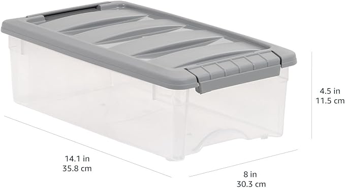 Amazon Basics Plastic Storage Containers with Secure Latching Lids, Stackable Organization Bins for Organizing, Clear/Grey, 5