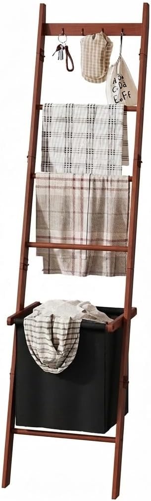 BAMBANG Bamboo Blanket Ladder with Basket, 5-Tier Quilt Rack Stand with 4 Hooks & Storage Hamper for Living Room Bathroom, Wa