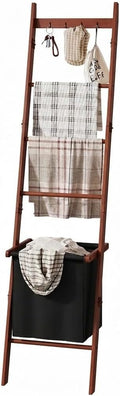 BAMBANG Bamboo Blanket Ladder with Basket, 5-Tier Quilt Rack Stand with 4 Hooks & Storage Hamper for Living Room Bathroom, Wa