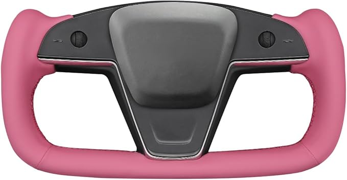 MEWANT Hand Stitched Pink Leather Tesla Model S Yoke Steering Wheel Cover Wrap for Tesla Model S 2021-2023 / Model X 2021-2023 Tesla Yoke Steering Wheel Accessories