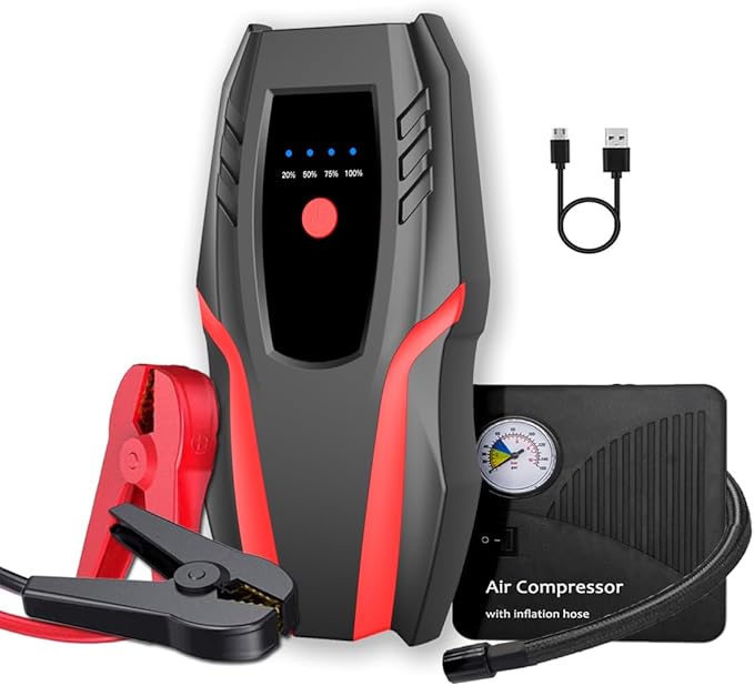 12v Auto Jump Starter Pack with Air Compressor, Peak Current 2000a, Car Lithium Battery Charger Jumper Box Tire Air Pump,