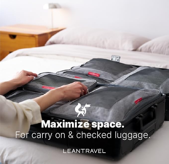 LeanTravel Premium Compression Packing Cubes for Travel - Suitcase Organizer Bags with Double Zipper & Breathable Mesh Panel 