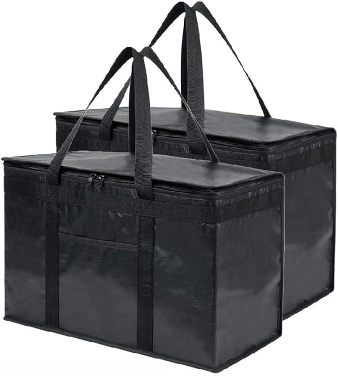 NZ home Insulated Bags for Food Delivery (2XL PRO) Grocery Shopping Cooler Bag, Pizza Delivery, Hot & Cold Catering Tote, Reusable, Foldable & Heavy Duty (2 Pack, Black)