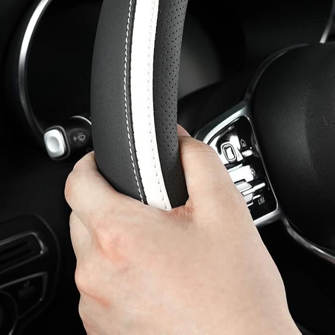 Car Steering Wheel Cover, Leather Steering Wheel Cover White Universal 14.5-15 Inch Microfiber Leather Anti-Slip Breathable A