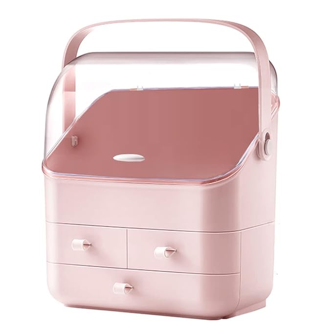LINFIDITE Cosmetic Storage Box with Lid Waterproof&Dustproof Makeup Organizer Box Portable Handle,Large Makeup Display Case w