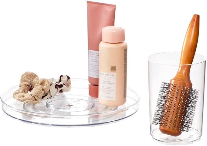 iDesign The Sarah Tanno Collection 11" Lazy Susan Spinning Cosmetic Organizer with Removable Cup, Clear/White
