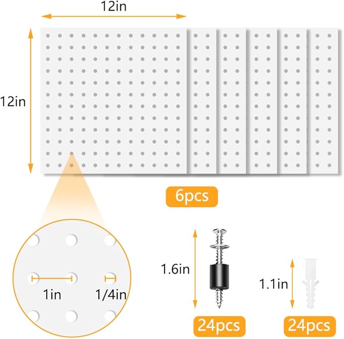 6Pcs Pegboard, Peg Board, Metal Pegboard Wall Organizer Panels Accessories, Mount Display Pegboard Kits for Walls Garage Craf