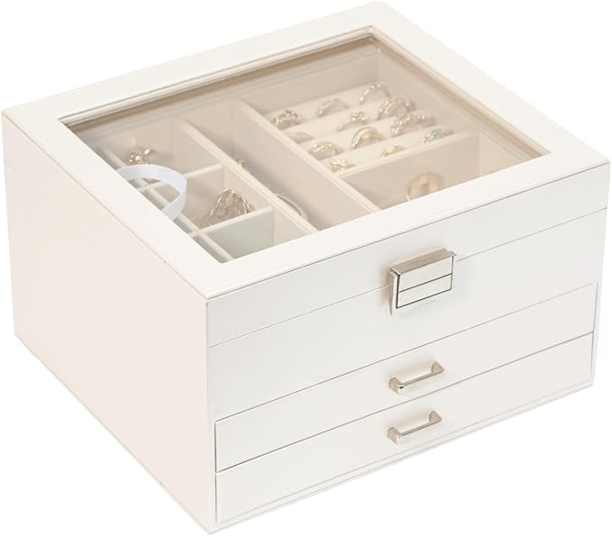 Clear Lid Jewelry Box,3 Layers Jewelry Organizer Large Multi-Functional Jewelry Storage Box with 2 Drawers,Jewelry Display Ca
