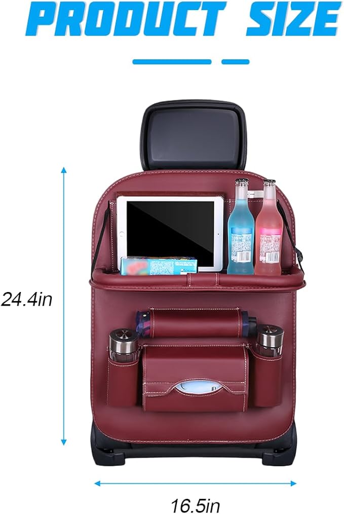 Car Seat Back Organizer, Leather Vehicle Seatback Storage Pocket with Foldable Table Tray, Multifunctional Automotive Backsea