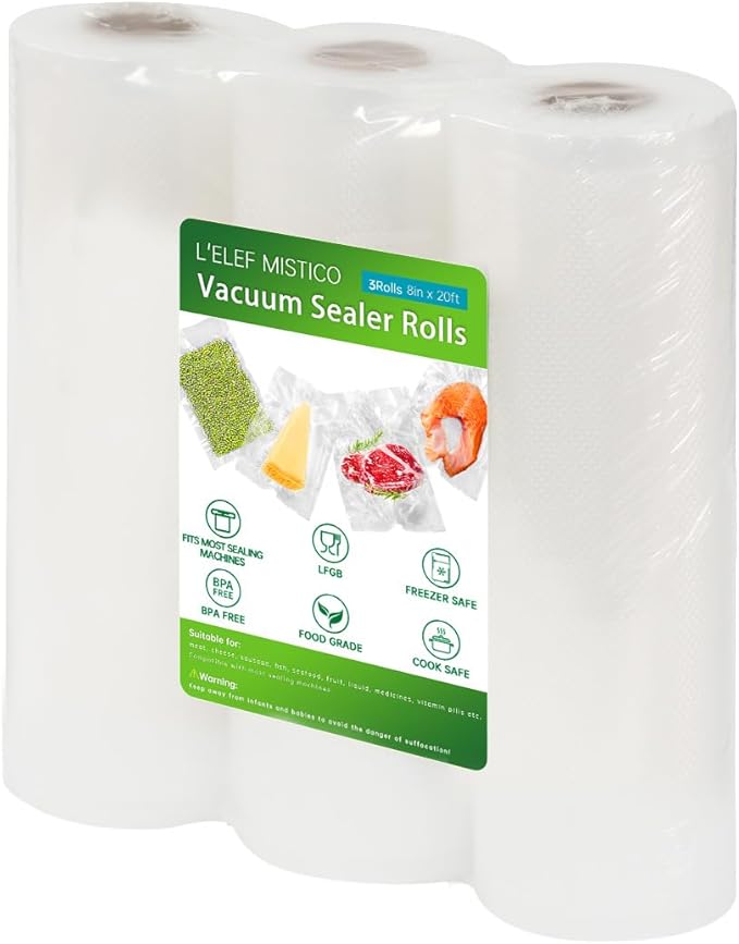 L'ELEF MISTICO Vacuum Sealer Bags for Food, 8''X20' (3 Rolls) BPA Free Food Saver Bags for Sealer, Customized Size Vacuum Sto