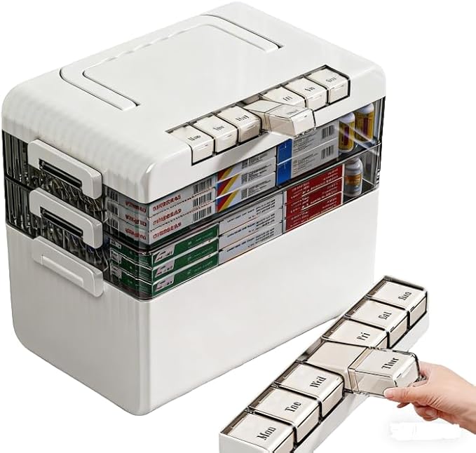 3-Tier Medicine Storage Box Cabinet, Portable Medicine Cabinet with Plastic Handle, Multipurpose Medical Box with 7 Individua