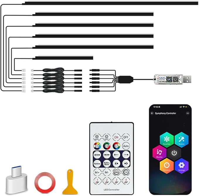 Acrylic Car Led Lights Interior with APP,Universal RGB Acrylic Ambient Lighting Car Kit,175 inch Neon Flexible Fiber Optic Led Strip Music Sync Lights for Car,6 in 1 USB Power Dashboard Decorations