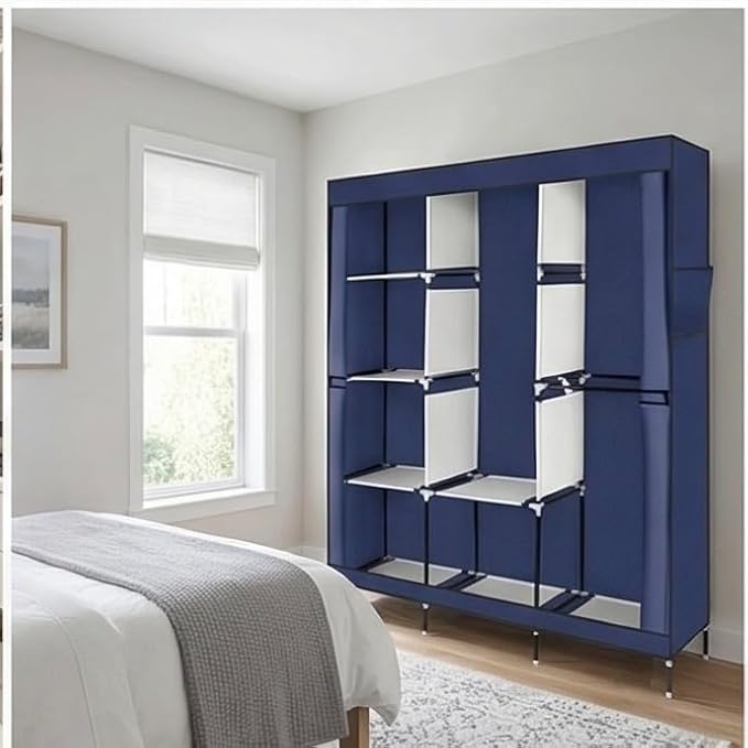 71" Portable Closet Wardrobe, Fabric Storage Organizer with Dustproof Cover, Shelves & Hanging Rod, Foldable Closet Wardrobe 