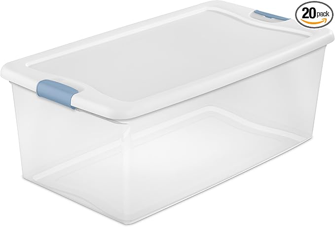 Sterilite 20-Pack Latching Box, Under Bed Storage Bins with Lids, Clear Plastic, 106 Quart - Heavy-Duty Organizing Containers