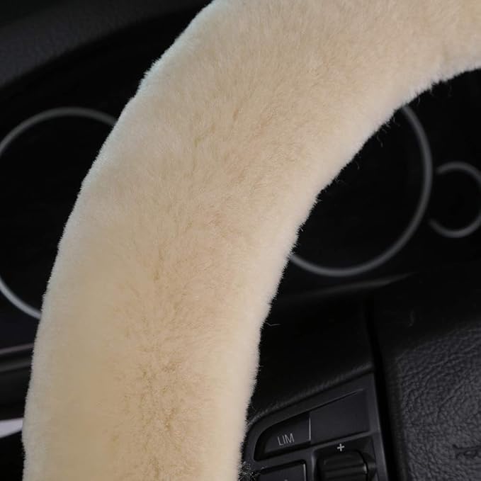 Soft Fluffy Warm Genuine Sheepskin Car Steering Wheel Cover, Fuzzy Fur Wool Protector for Winter Universal Car 14 1/2inch-15 
