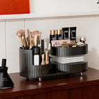 Rotating Vanity Organizer with Brush Holder and Drawer, 3 Layer Cosmetic Skincare Storage, Large Countertop Makeup Perfume & 
