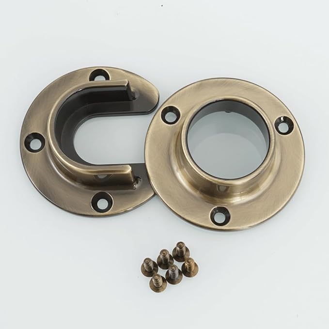 1 Pair Heavy Duty Antique Brass Zinc Closet Pole Sockets Rod End Support Flange Rod Holder Set Wall Mount Pipe Bracket with S