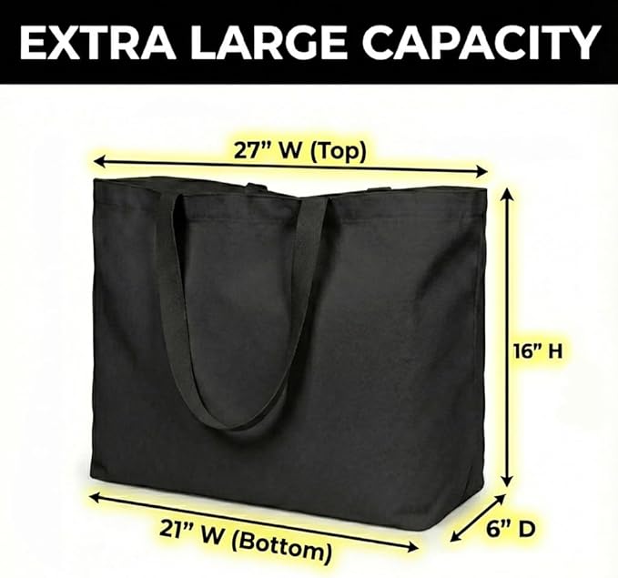 Extra Large Canvas Tote Bag - Big Reusable Grocery Shopping Heavy Duty Foldable