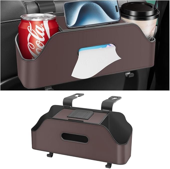 Zipelo Car Headrest Backseat Organizer with Cup Holder, Multi-Functional Vehicle Seat Back Hanging Storage Box with Hooks, Auto Drink Snack Phone Tray Travel Accessories for Kids Adults (Brown)