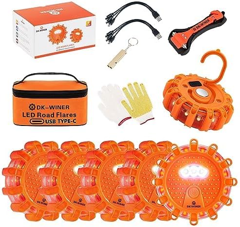 LED Road Flares 6Pack Roadside Emergency car kit Emergency Road Flares Kit with Magnetic Base for Vehicles & Boat | 9 Flash M