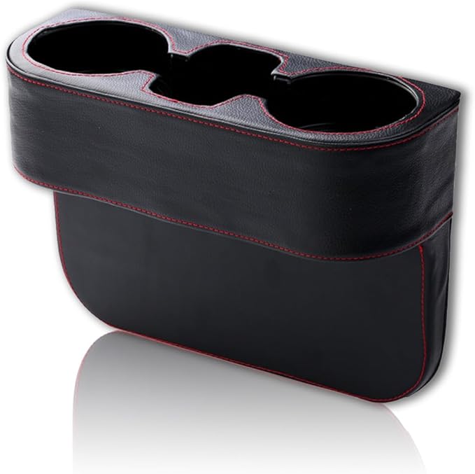 Car Cup Holder, Auto Front Seat Gap Interior Drink Organizer, Multifunctional Cup Drink Holders with PU Leather Cover, Gap Filler Storage Box Coin Bucket Console Side Pocket Key Wallet Holder (Black)