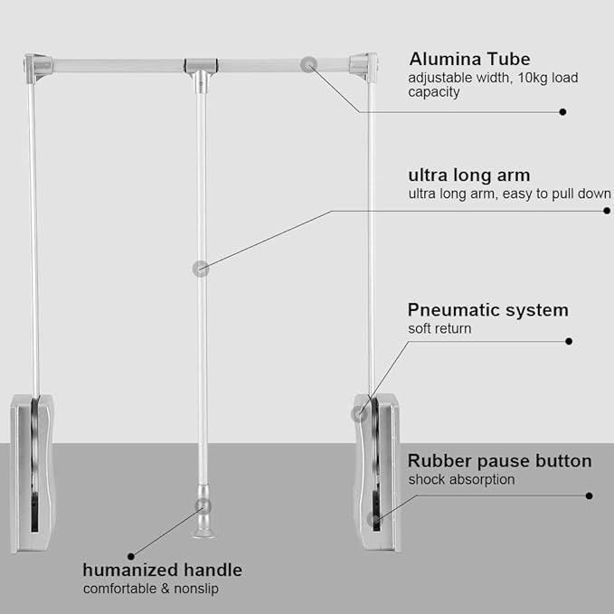 Nisorpa Pull Down Closet Rod, Adjustable 35-48 Inch Aluminium Wardrobe Lift Rail Organizer Buffer Return Closet Rod Pull Down