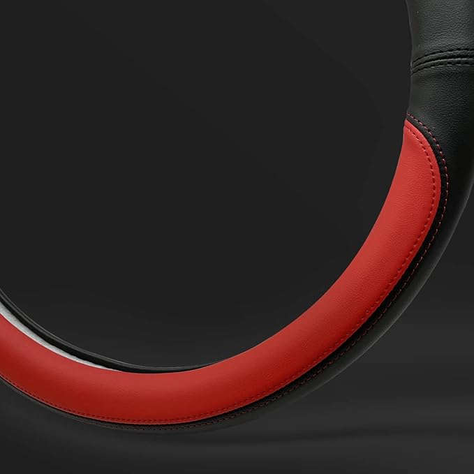Morandi Color Steering Wheel Cover, Nappa Leather, Fashionable Sporty Style, Universal 15 inches, Black and red
