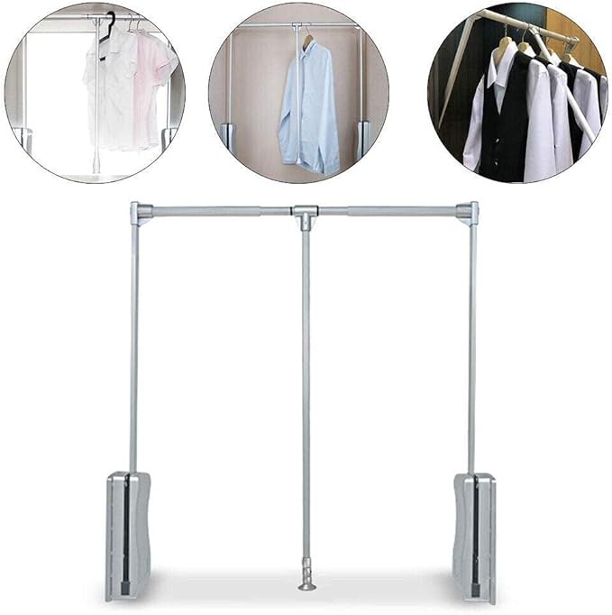 Nisorpa Pull Down Closet Rod, Adjustable 35-48 Inch Aluminium Wardrobe Lift Rail Organizer Buffer Return Closet Rod Pull Down