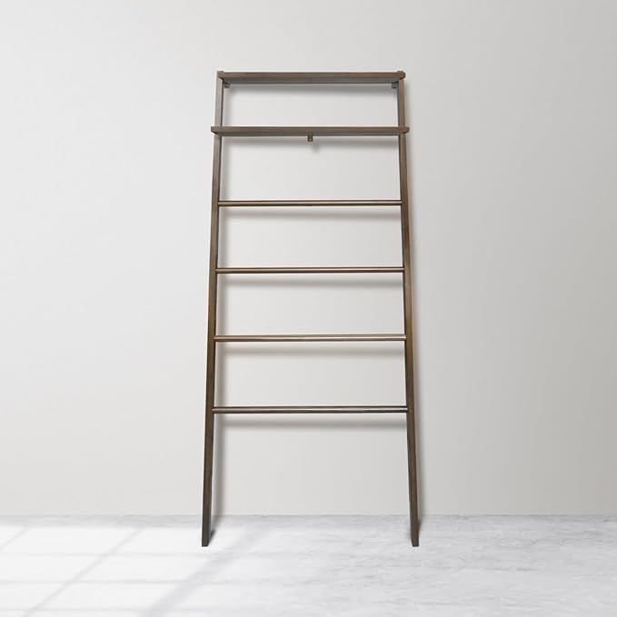 Space Saving 100% Solid Wood 6-Tier Blanket Ladder with Two Storage Shelves - Walnut