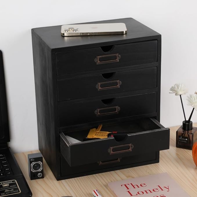 Wooden Storage Box with 5 Drawers Apothecary Drawers Vintage Wooden Drawers Wood Desktop Organizer with Drawers Countertop Dr